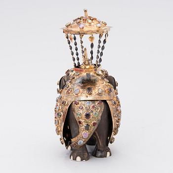 A SRI LANKAN ELEPHANT SCULPTURE, wood, silver and semi-precious stones, second half of the 20th century.