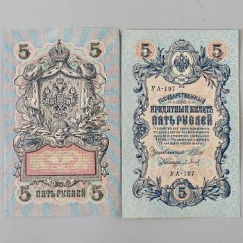 A collection of Russian banknotes 1909, 1910, 1912 and 1917.
