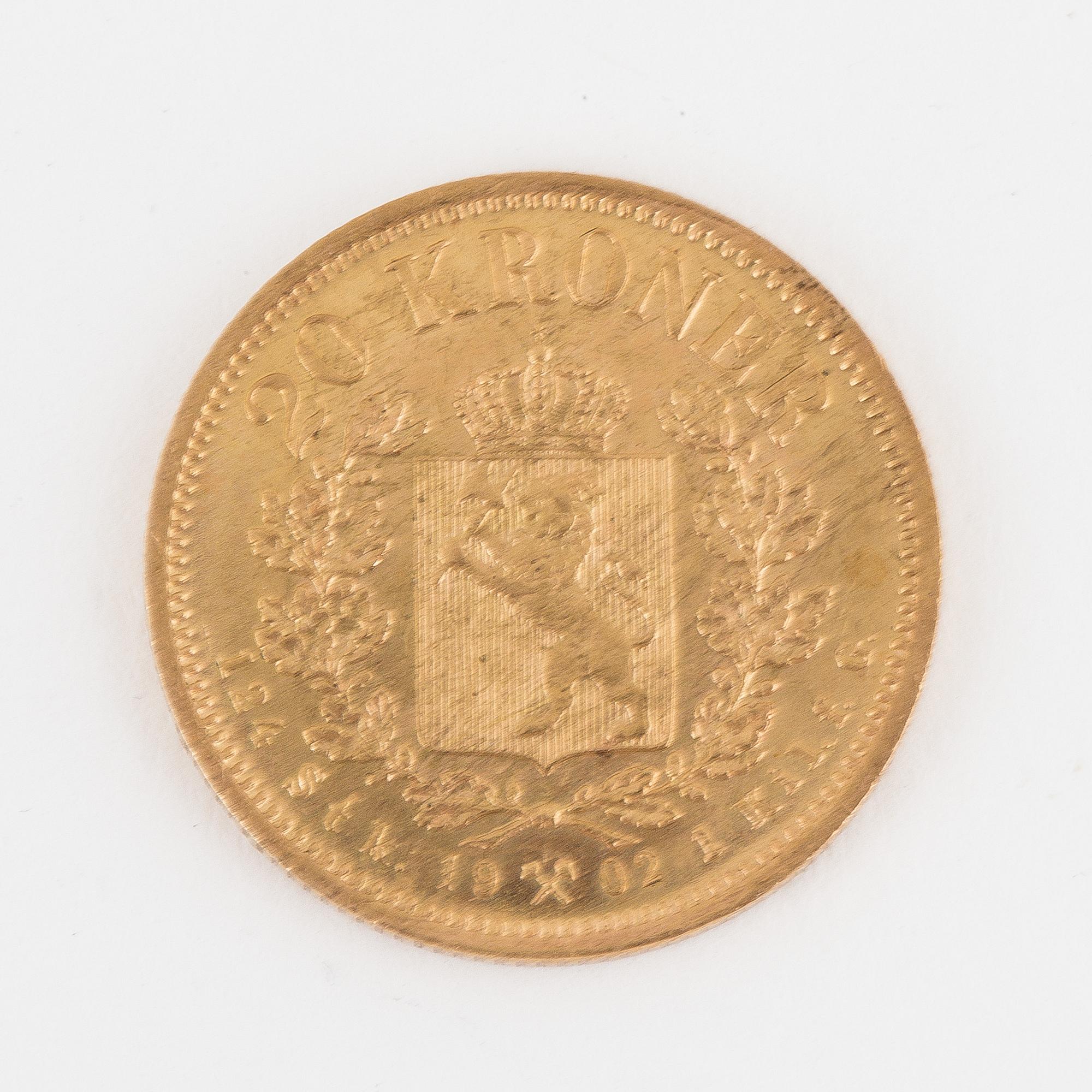 MYNT, guld, 20 kronor, Oscar II, 1902.