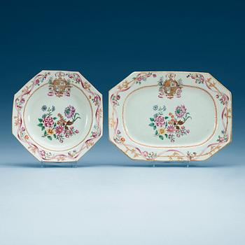 A famille rose armorial serving dish and five soup dishes, Qing dynasty, Qianlong (1736-95).