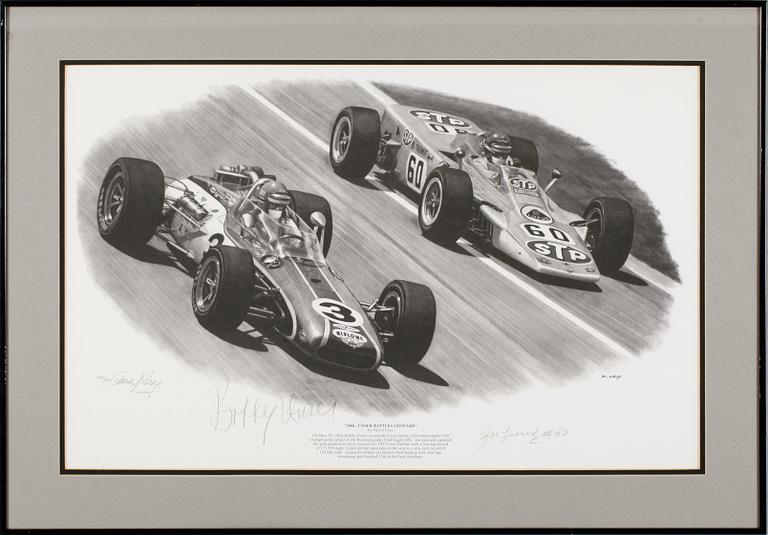 DAVID GRAY, 2 st, litografier, signerade samt med autografer bla Mario Andretti, numrerade 171/500 resp 280/500.