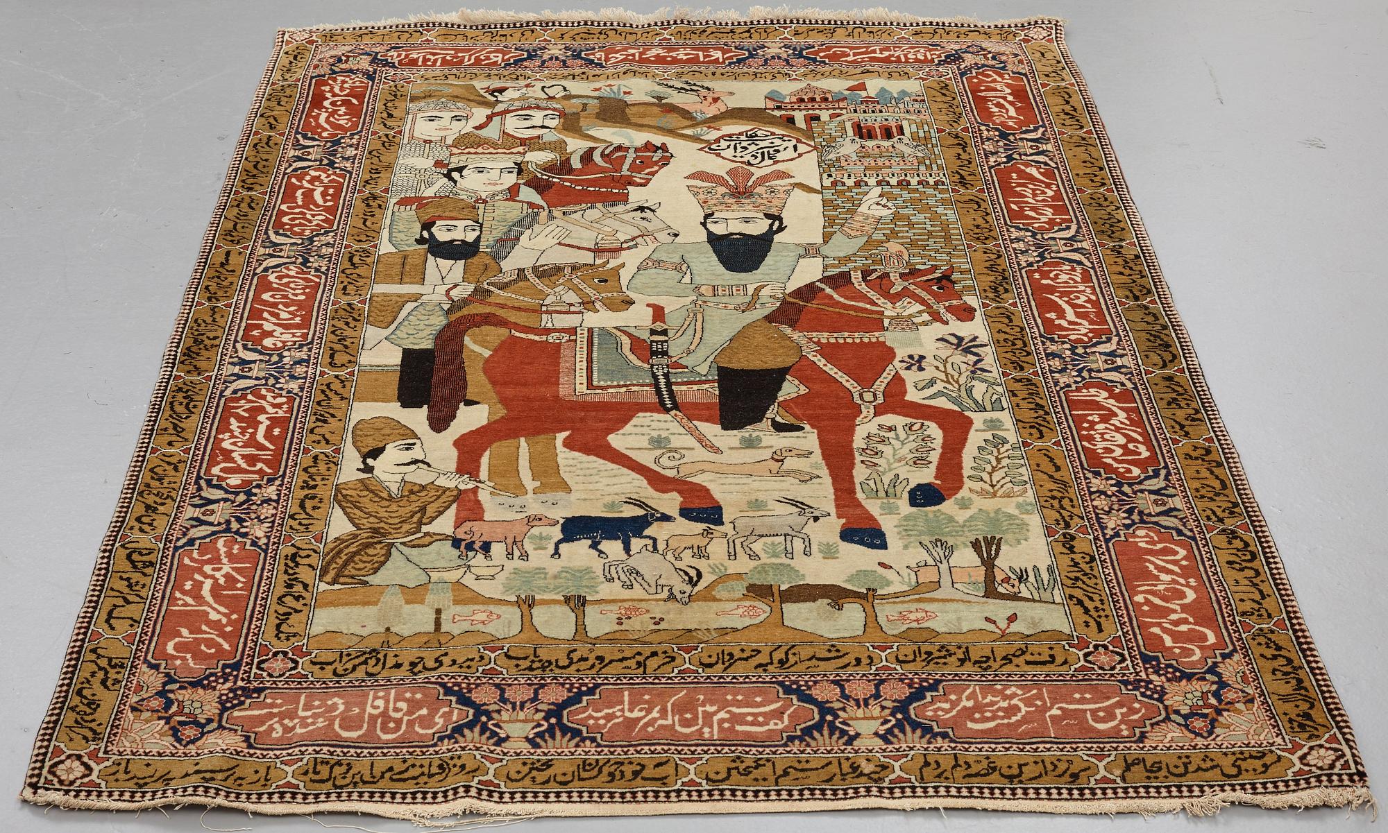 A RUG, a semi-antique Kashan figural, possibly Motachem, ca 202 x 140 cm.