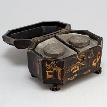 A Chinese tin case in a wooden box, early 20th century.