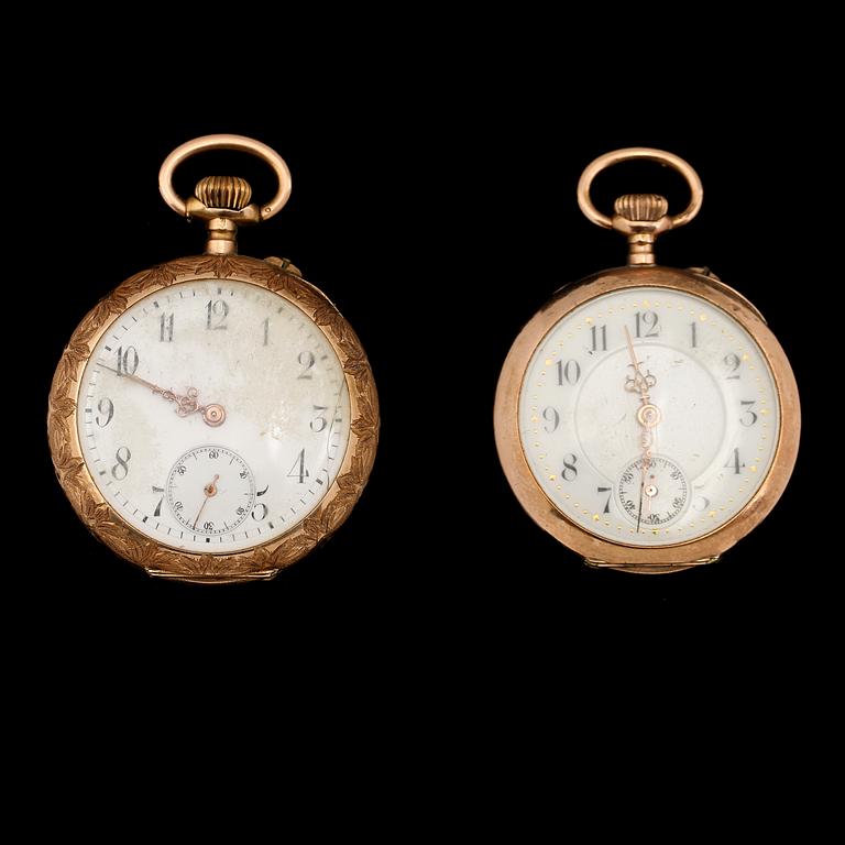 FICKUR, 2 st, 14K guld, 1900-talets första hälft. Total vikt inklusive urverk ca 58 g.
