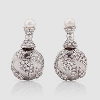 1044. A pair of diamond and cultured pearl earrings. Total carat weight of diamonds circa 2.50 cts.