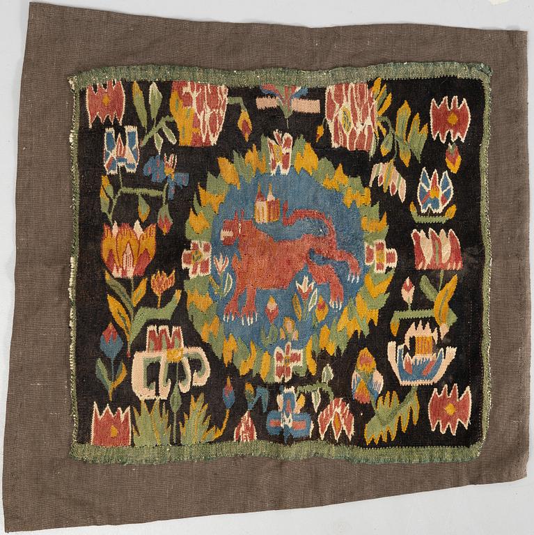 Jynne, "Red Lion", tapestry, 45 x 48 cm, Skåne, 19th century.