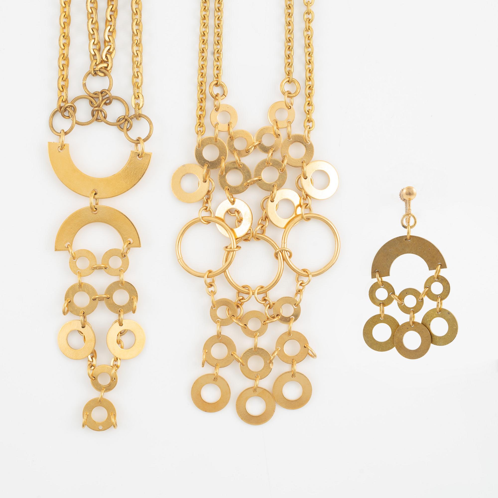 Siv Lagerström, two necklaces and one earring, gold-coloured metal.