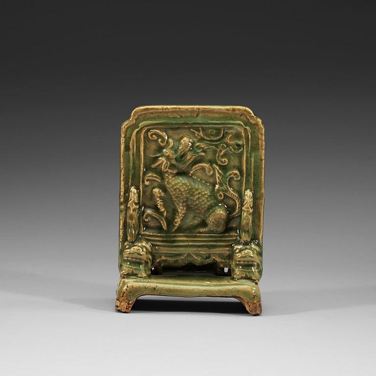 A celadon table screen shaped brush stand, Ming dynasty (1368-1644).
