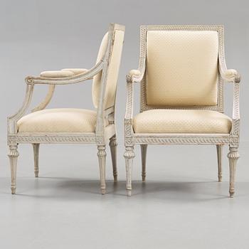 A pair of Gustavian armchairs by J E Höglander, master 1777.