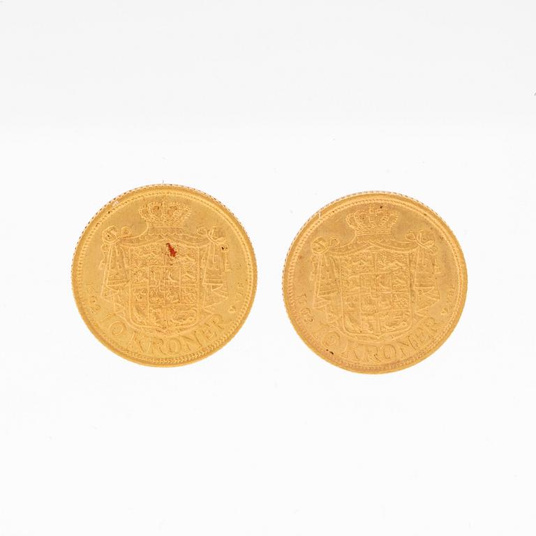 Guldmynt 2 st 10kr Frederik VIII, Danmark 1909.