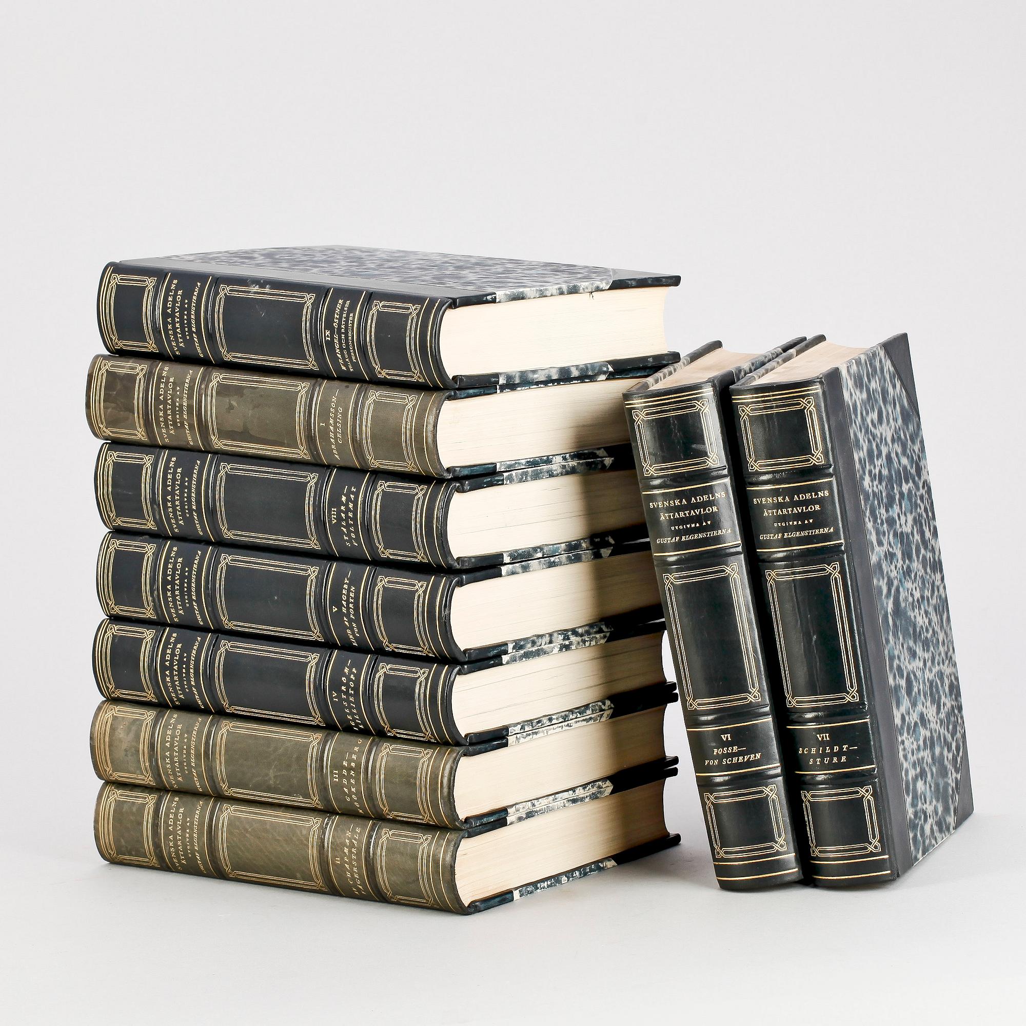 BOKVERK, 9 vol, "Den introducerade Svenska adelns ättartavlor", utgivna av Gustaf Elgenstierna, Stockholm 1925-36.