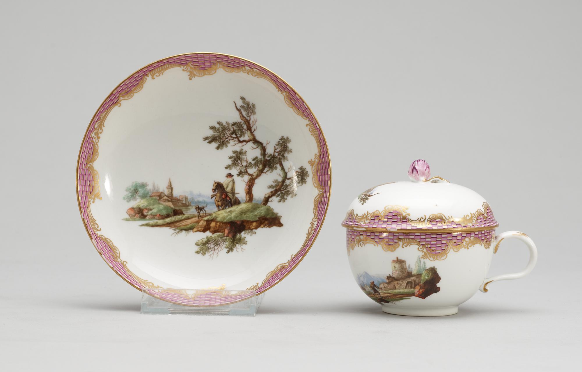 A Meissen cup and saucer and cover, Marcolinis period (1774-1814).