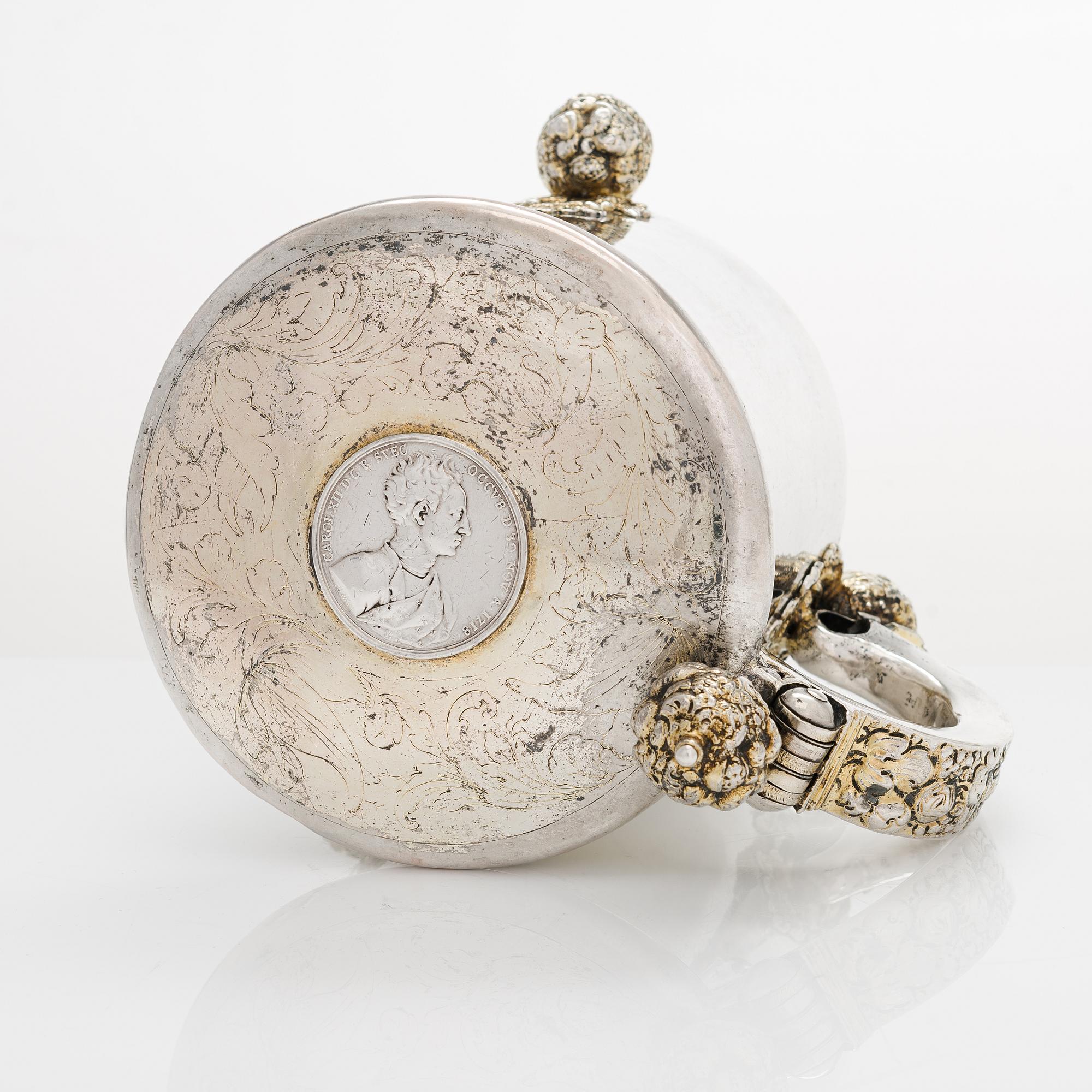 A Swedish baroque parcel-gilt silver tankard, maker's mark of Arvid Falck (master 1667-1691), Stockholm 1693.