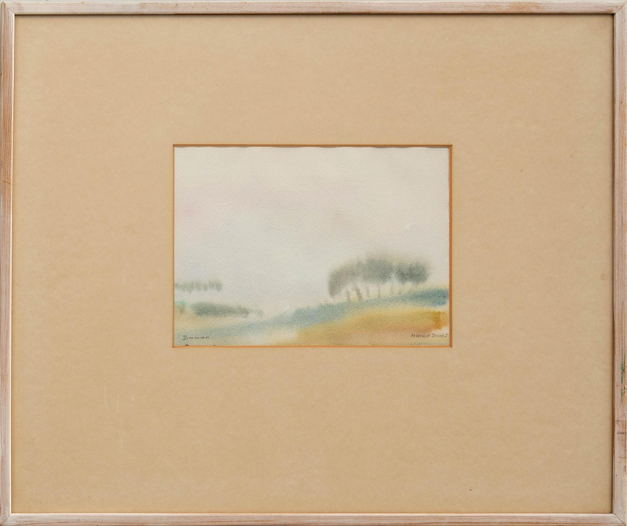 Margit Jones, akvareller, 2 st, "Dimman" och "Oro".