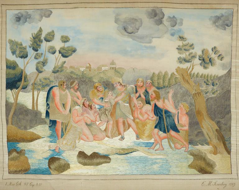 BRODERAD TAVLA. Benfärgat siden med polykroma silkesbroderier och bemålning. 38 x 49 cm. Signerad C.M. Svanberg 1829.