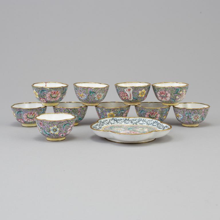 10 chinese cups with one dish, enamel on copper. late 19th/early 20th century.