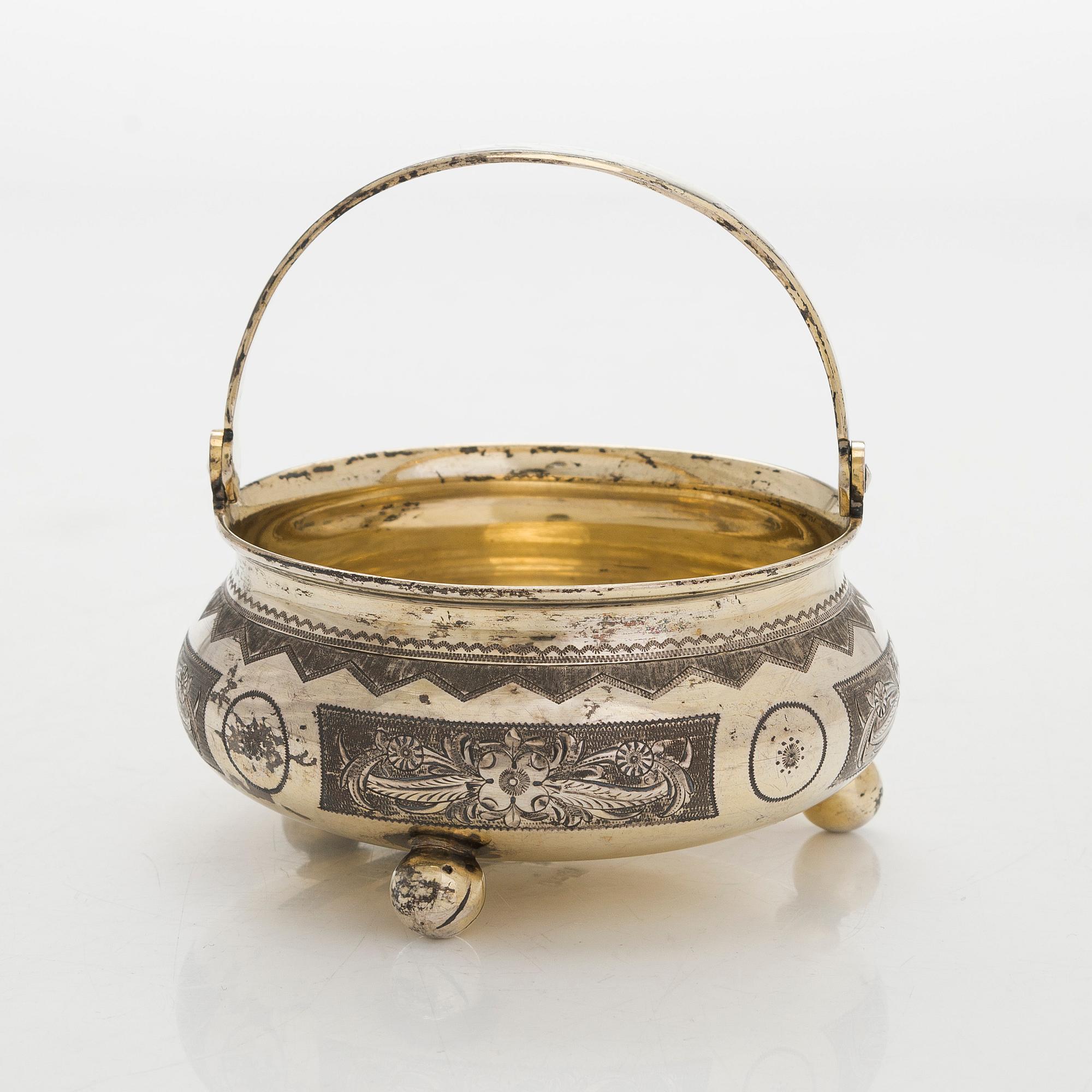 A parcel-gilt sugar bowl, Cyrillic maker's mark IAK, Moscow 1873.