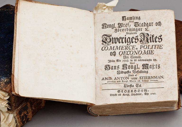 BÖCKER, 4 st, bla "Samling utaf Kongl Bref, Stadgar...Sweriges Rikes Commerce, Politie och Oeconomie.." Stiernman, 1747.