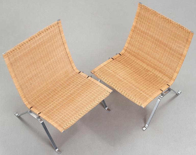 Poul Kjaerholm, a pair of 'PK-22' steel and rattan easy chairs by E Kold Christensen, Denmark.