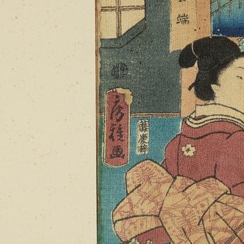 Utagawa School, a set of three woodblock print triptychs, later part of the 19th Century.