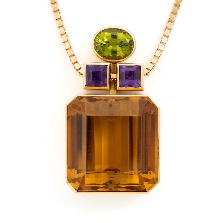 Kristian Nilsson, hänge 18K guld med en fasettslipad citrin, ametist pch peridot. Stockholm, 1986.
