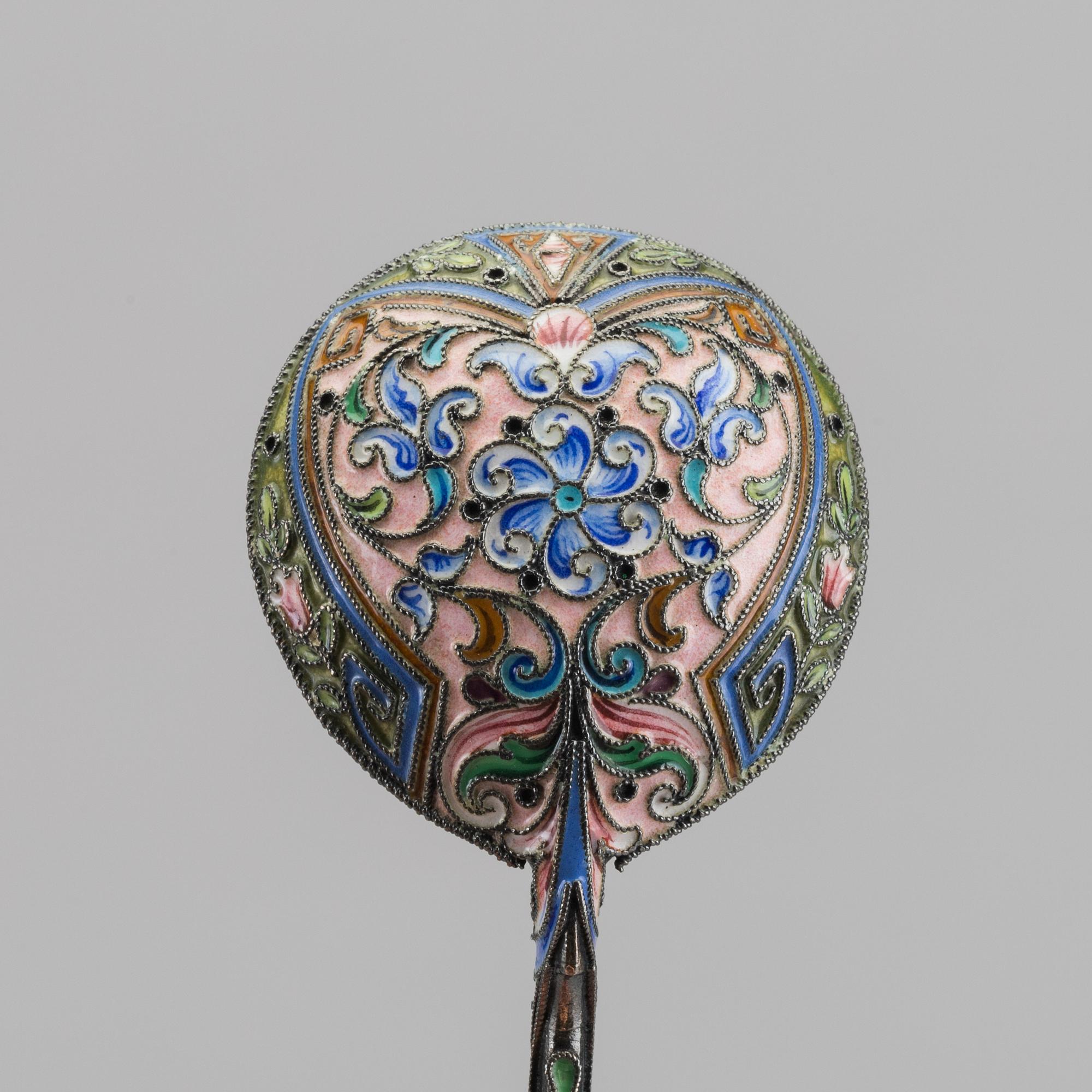 A set of six Russian silver and enamel spoons, around 1900 weight ca 195 gr.