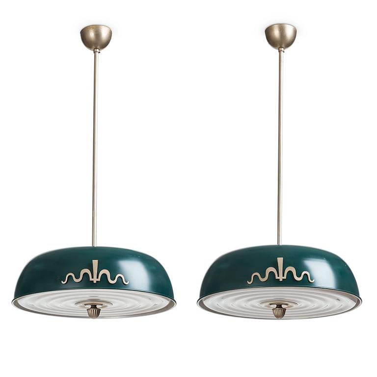 Harald Elof Notini, a pair of ceiling lamps, Böhlmarks, Sweden, 1930's.