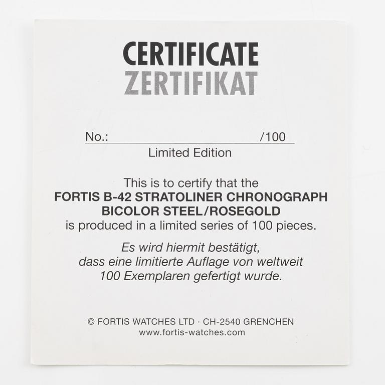 Fortis, B-42 Stratoliner, "Limited 100th Anniversary Edition", chronograph, wristwatch, 43.5 mm.