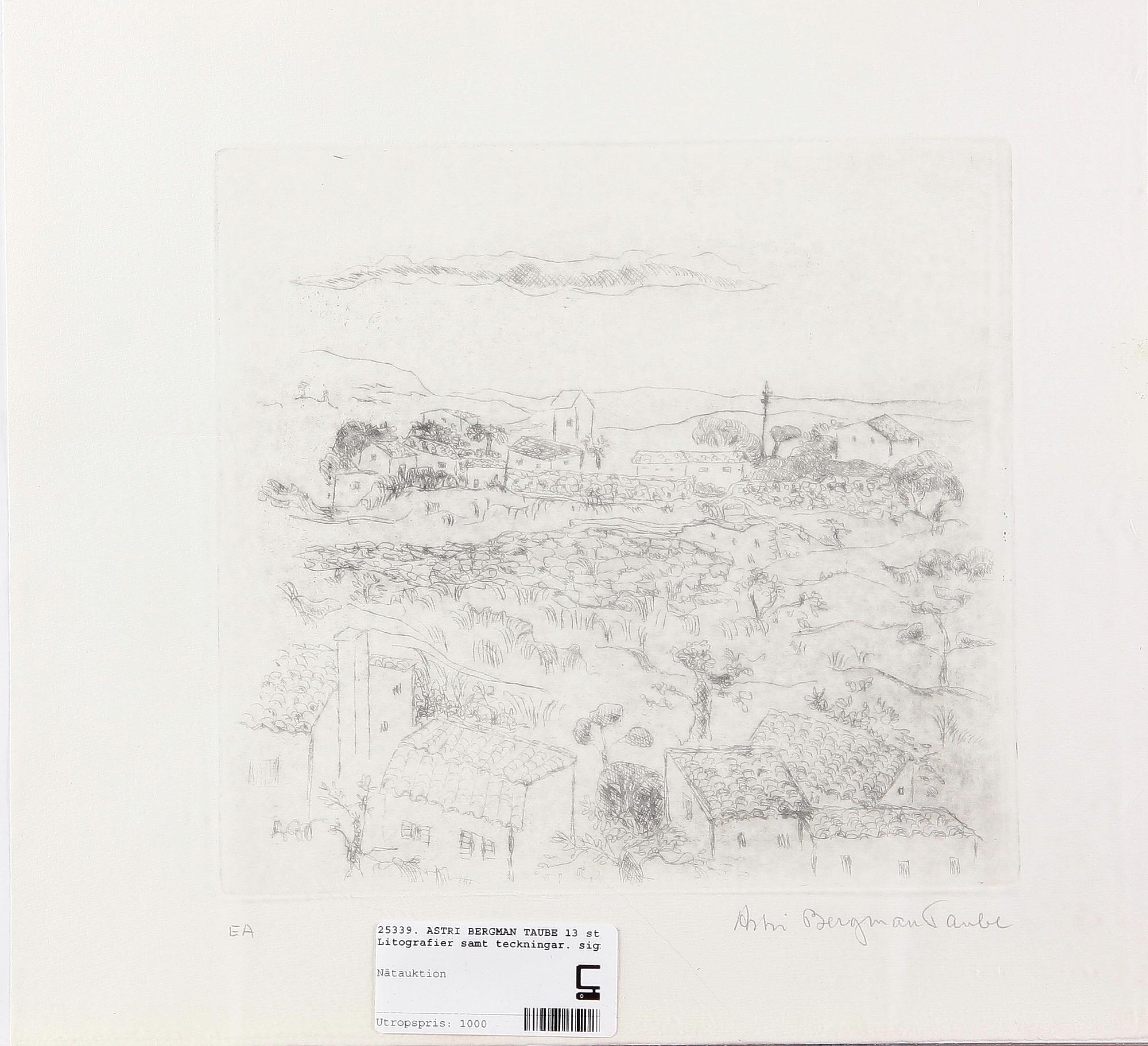 BERGMAN TAUBE, ASTRI. Litografier samt teckningar, 13 st. Sign.