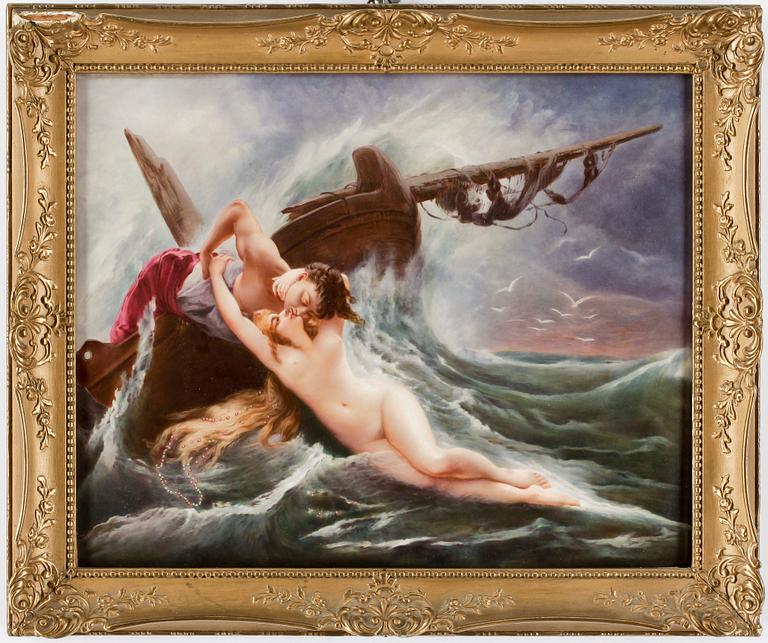 PORSLINSPLAKETT, porslin. Berlin, 2:a sortering. Märkt Fraureuth. Der Welle Umarmung efter Wertheimer.