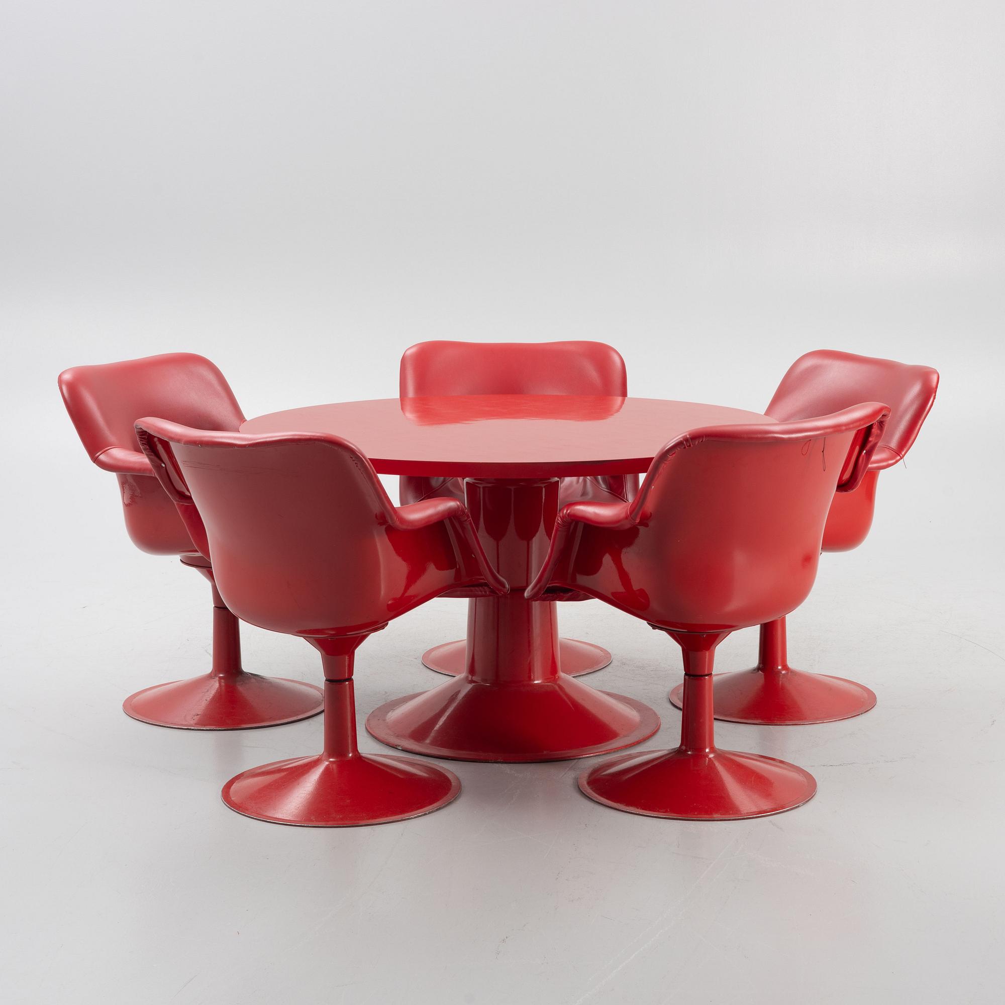 Yrjö Kukkapuro, a dining table with five armchairs, "Saturnus", Haimi, Finland, 1970's.