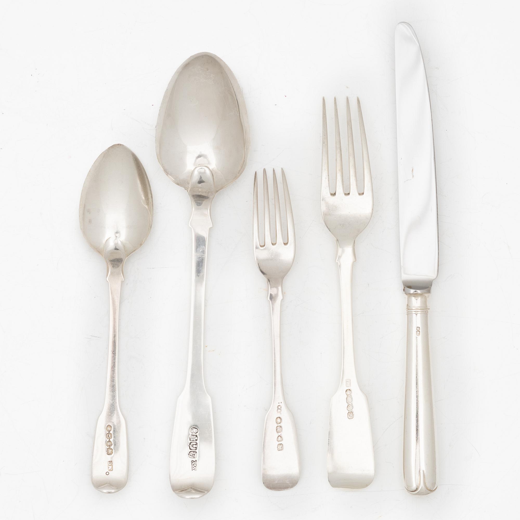 Cutlery set, 59 pieces, silver, England and Scotland, 19th–20th century.