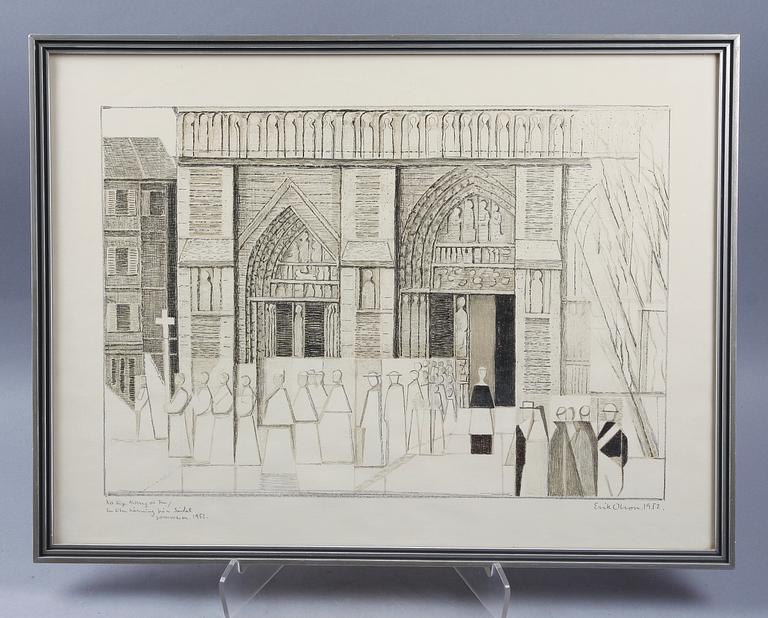 ERIK OLSON, blyertsteckning, sign o dat 1952. Med tillskrift.