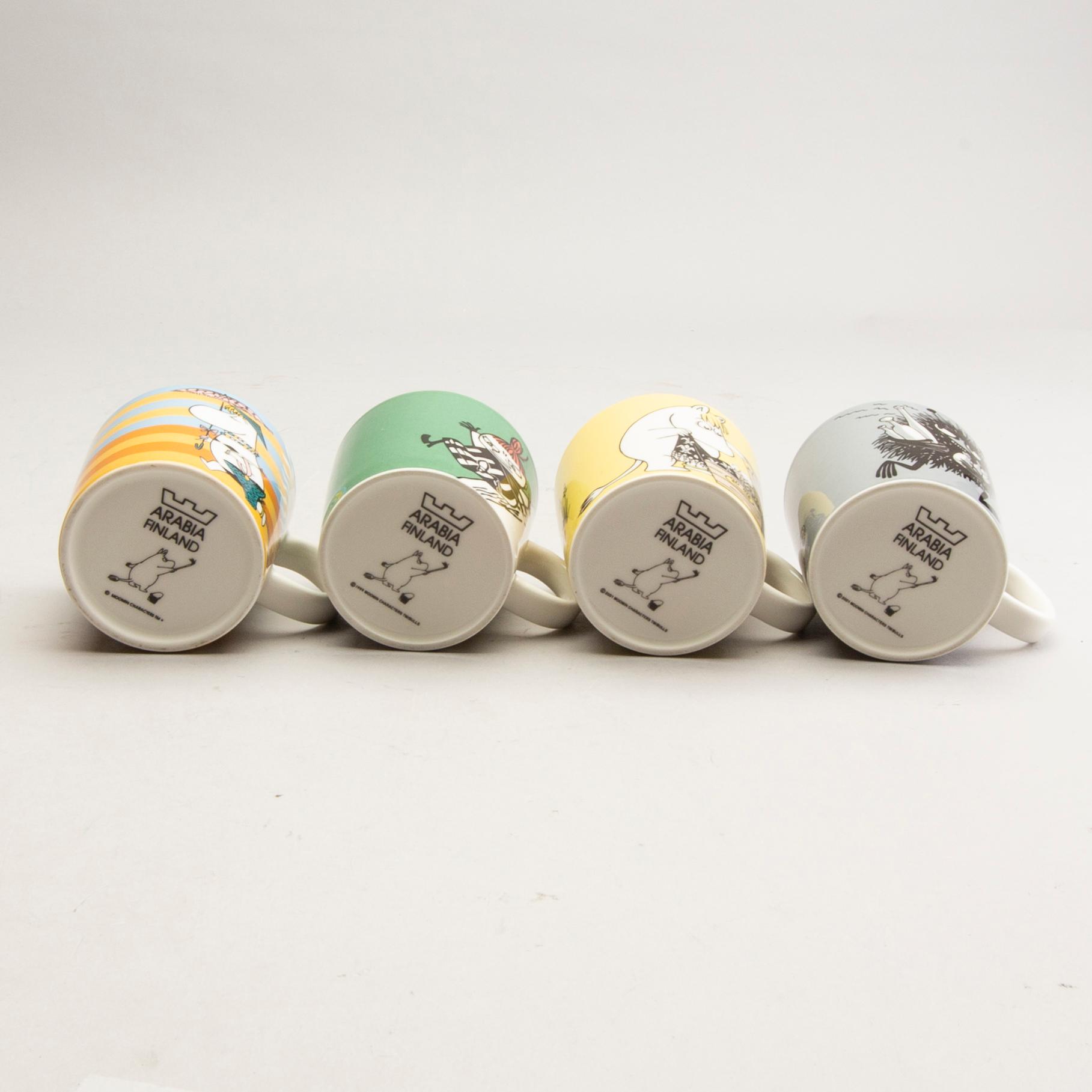 Moomin mugs, four pcs, porcelain, Arabia, Finland, 1990-2001.