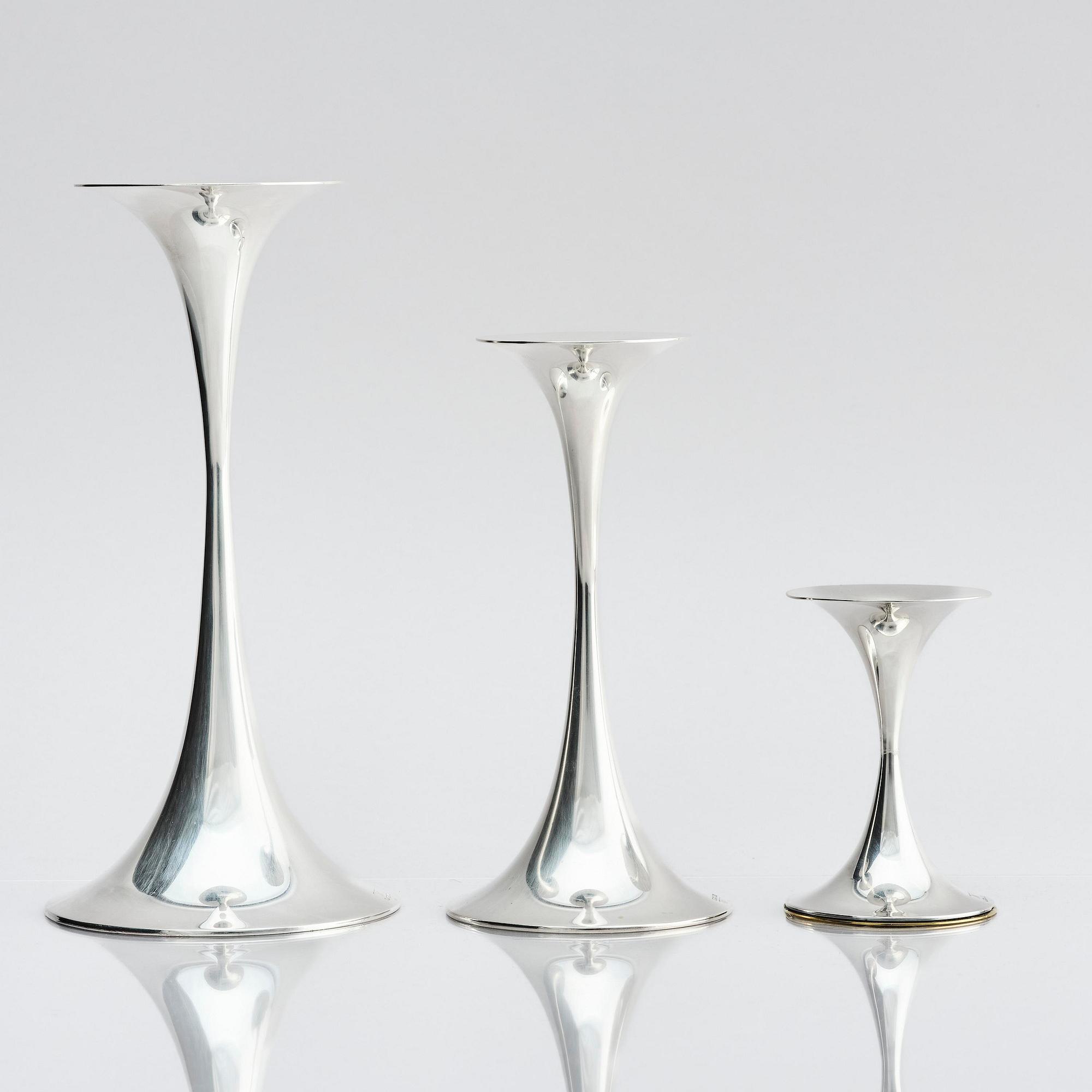 Tapio Wirkkala, three sterling silver 'Trumpetti' candlesticks, Kultakeskus, Hämeenlinna 1973.