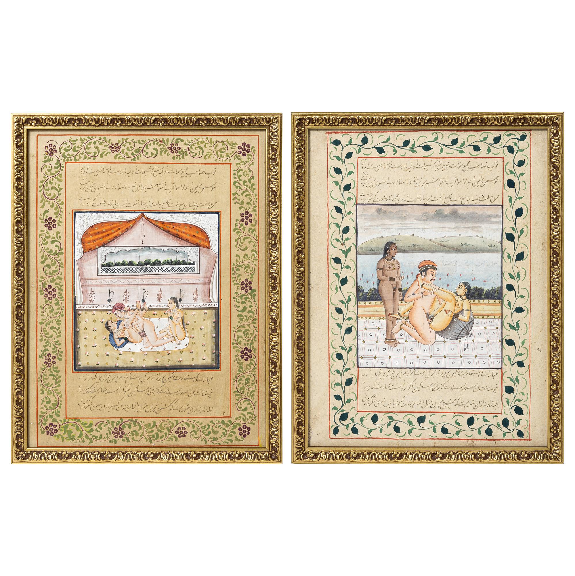 Unidentified artist, Erotic scenes in palace interiors, India, 19/20th century. Two paintings.