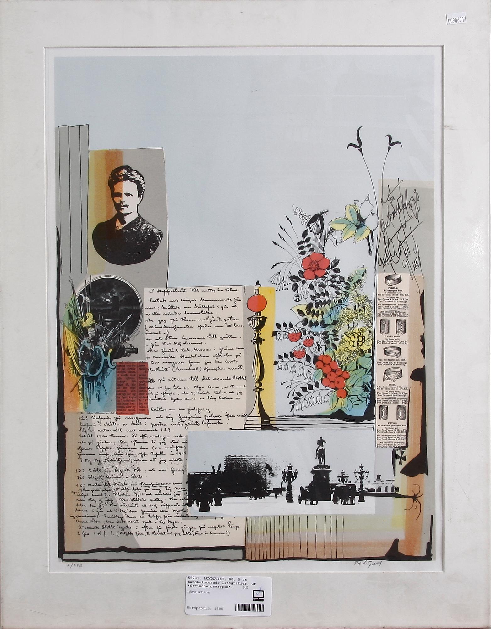 LUNDQVIST, BO, 5 st handkolorerade litografier, ur "Strindbergsmappen". Numr. 5/290.