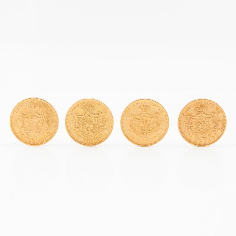 Gold coins, 4 pcs, 5-kronor, years 1874, 1883, 1901, Sweden, Oscar II.