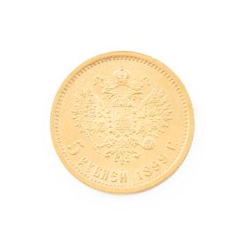 Gold coin, Nicholas II, Russia, 5 Rubles, 1899.