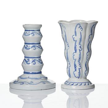 Wilhelm Kåge, Two earthenware vases, a lamp base and a jar with cover, Gustavsberg, Sweden, dated 1920.