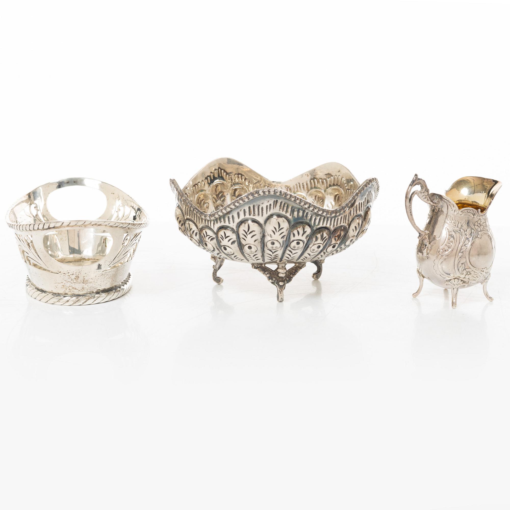 Bowl, basket, and cream jug, silver, 20th century.