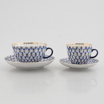 Tea and coffee service, 34 pieces, porcelain, "Cobalt Net", Lomonosov, Soviet Union.