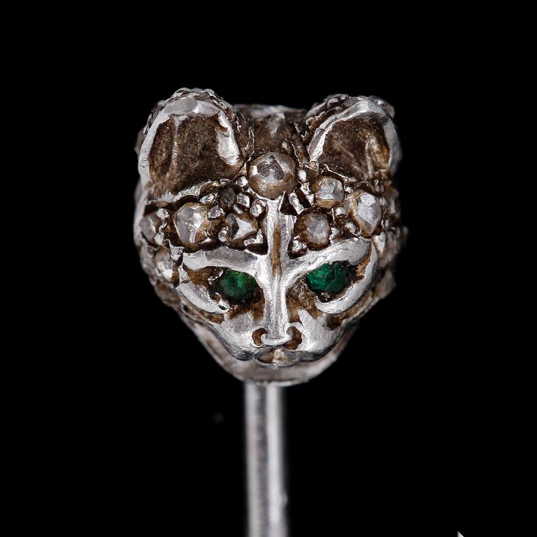 Cartier, A Cartier rose cut diamond and emerald tie pin.