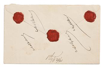 The envelope for Alfred Nobel's will from 1895, titled by his own hand: "Testament / My Will" and signed, with his seal.