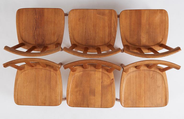 Axel Einar Hjorth, a set of six stained pine 'Utö' chairs, Nordiska Kompaniet, Sweden 1930s.