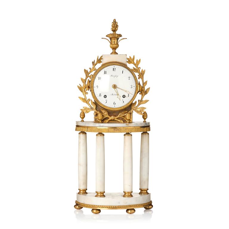 A late Gustavian ormolu and marble portico clock by P. Strengberg (active in Stockholm and Mariefred 1802-31).