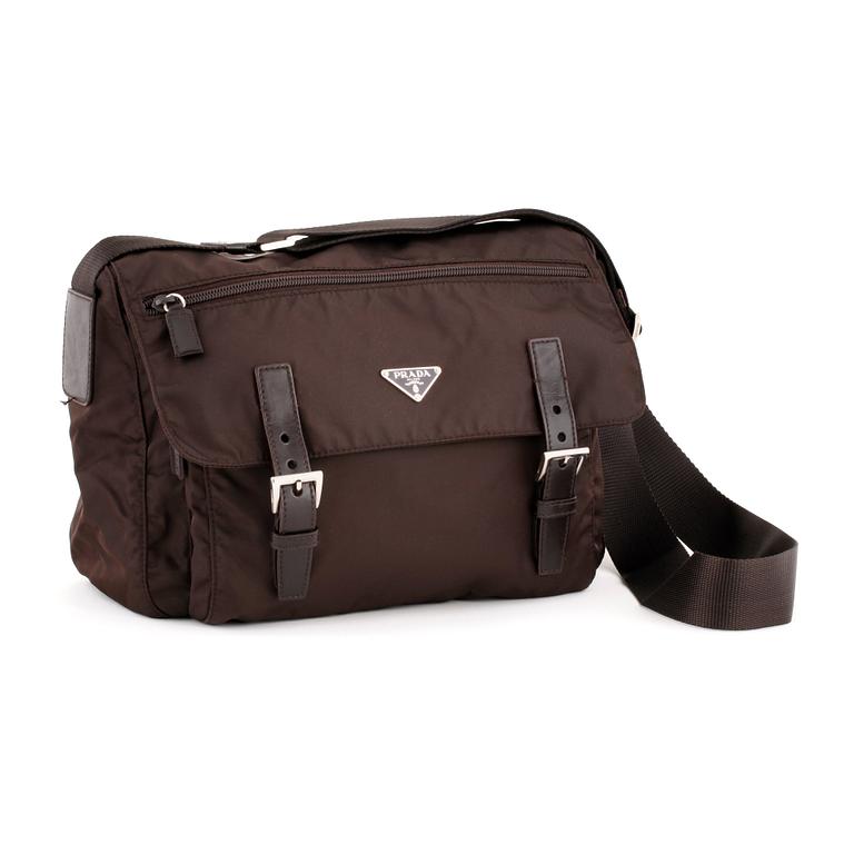 PRADA, a brown nylon crossbody bag.