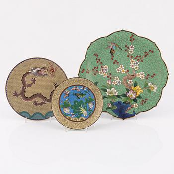 Three cloisonné dishes, China, 20th century.