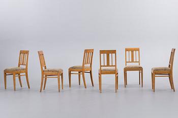 SOFFA samt 6 STOLAR, masurbjörk, omkring 1900.