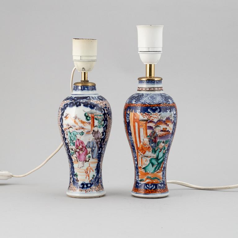 Two famille rose export porcelain vases, turned into table lamps, Qing dynasty, Qianlong (1736-95).